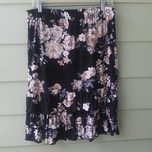 MultiColor Floral Stretch Knit Skirt Ruffled Bottom SZ XL Gray White Black